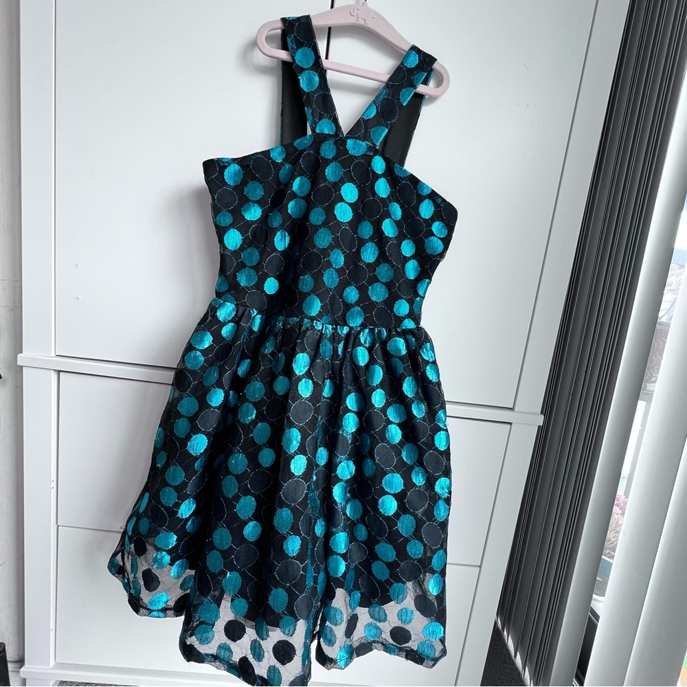 Black Sleeveless Green Polka Dot Girls Party Dress